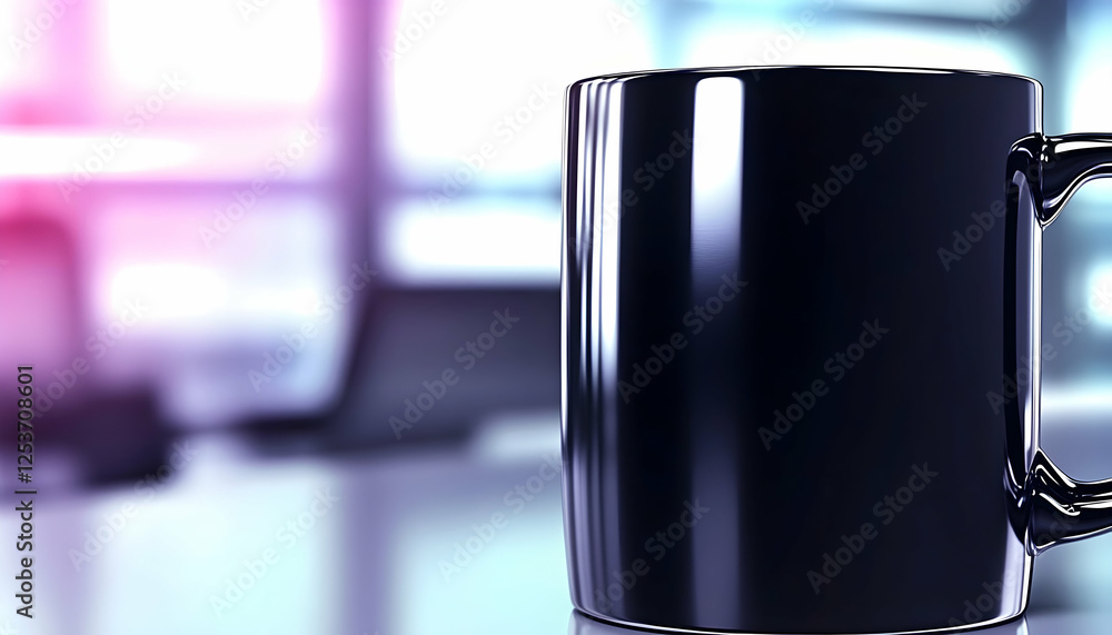 Black mug on glass table with laptop and office background for website, blog or marketing materials Black mug on glass table with laptop and office background for website, blog or marketing materials