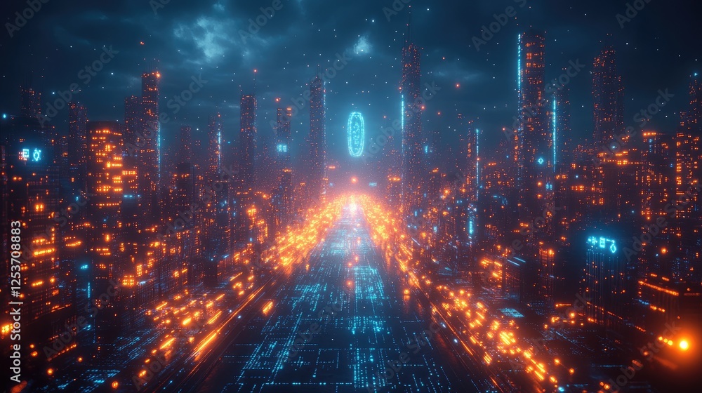 Fototapeta premium Futuristic cityscape with glowing lights and digital elements.