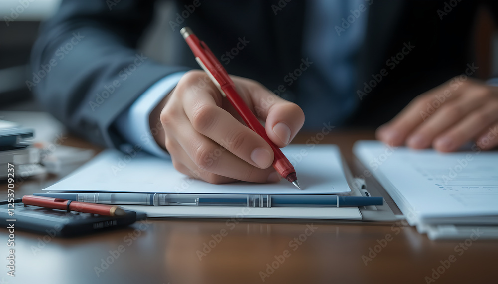 Fototapeta premium Hand Man holding a Red pen on a business table