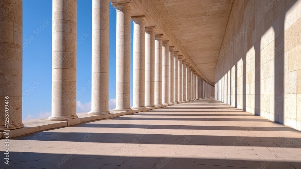 Fototapeta premium Sunlit colonnade with endless symmetry, classical architecture concept