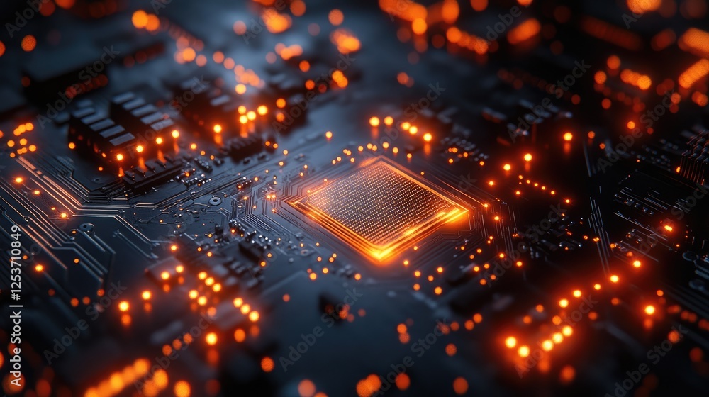 Fototapeta premium A close-up view of a glowing microchip on a circuit board, showcasing technology and innovation.
