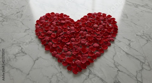 Heart made of red rose petals on a polished marble floor, overhead shot photo