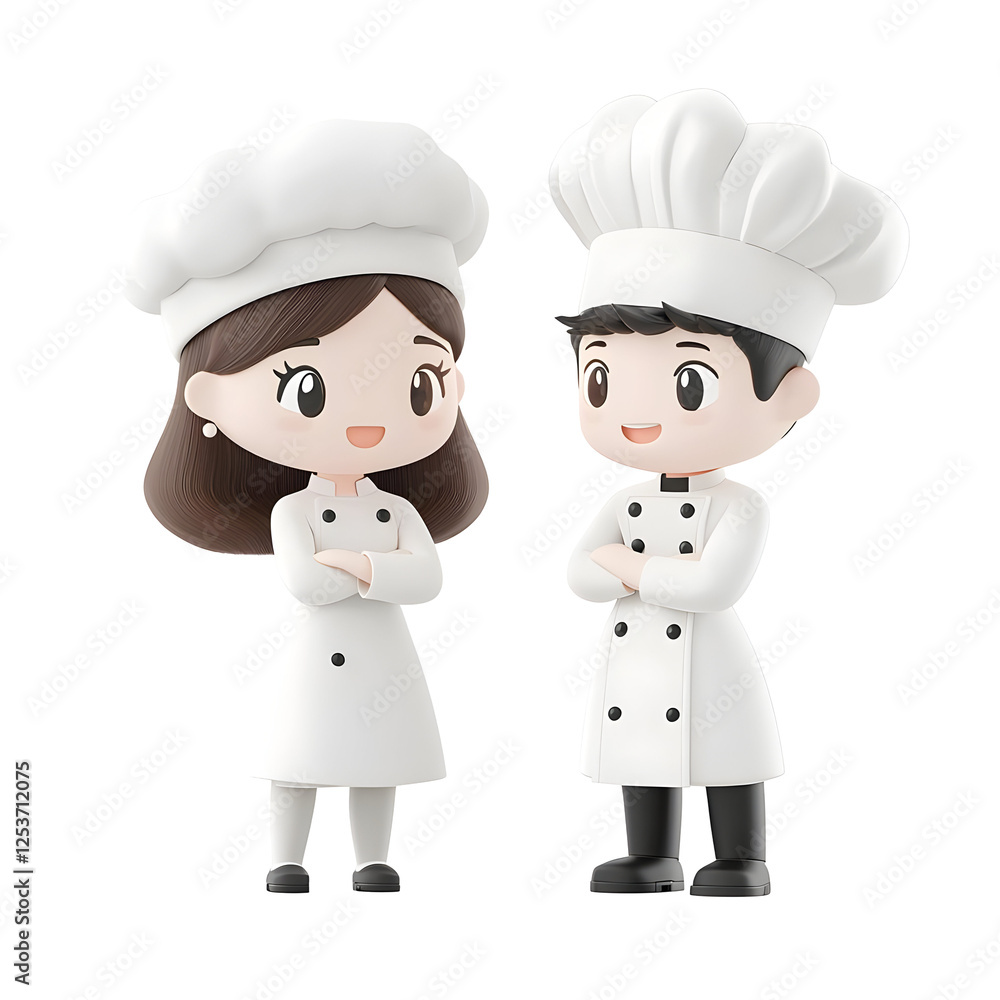 Cute cartoon chefs in white uniforms smiling and standing together Cute cartoon chefs in white uniforms smiling and standing together