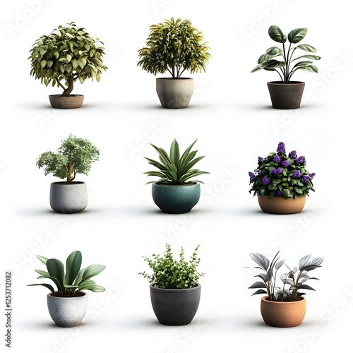 Vibrant arrangement of diverse indoor plants in various pots, showcasing a lively and fresh theme for a botanical-inspired art concept