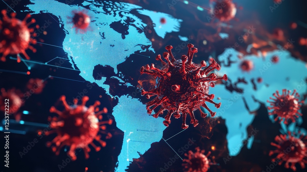 Glowing virus particles attacking a digital world map, futuristic holographic display, cybersecurity breach warning, high-tech background, isolated with copy space for global threat representation. Glowing virus particles attacking a digital world map, futuristic holographic display, cybersecurity breach warning, high-tech background, isolated with copy space for global threat representation.