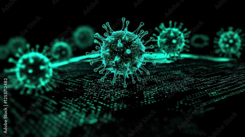 Glowing virus particles attacking a digital world map, futuristic holographic display, cybersecurity breach warning, high-tech background, isolated with copy space for global threat representation. Glowing virus particles attacking a digital world map, futuristic holographic display, cybersecurity breach warning, high-tech background, isolated with copy space for global threat representation.