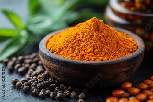 Berberine powder in bowl near traditional herbs
