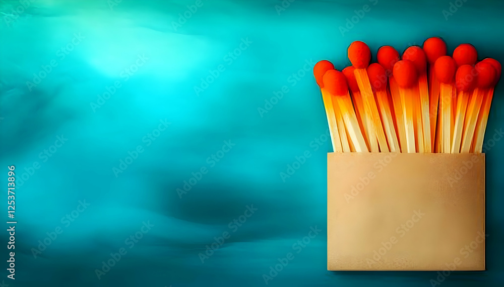 Matches in a box, igniting inspiration on a teal background. Conceptual photography to represent ideas, creativity, and potential solutions Matches in a box, igniting inspiration on a teal background. Conceptual photography to represent ideas, creativity, and potential solutions