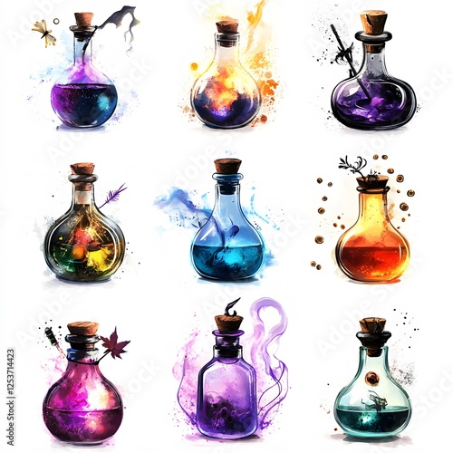 Mystical arrangement of enchanted potion bottles in various colors and designs, showcasing a magical and fantasy-themed art concept