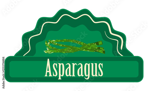 Asparagus green logo sticker. Classic label with green sparrow grass asparagus on green background. Ready design for packaging tag. Seasonal badge for your product.