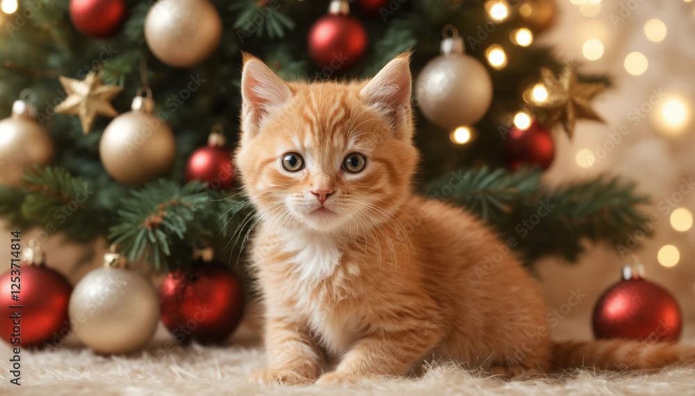 Charming orange kitten posing in front of a beautifully decorated Christmas tree with a playful demeanor Charming orange kitten posing in front of a beautifully decorated Christmas tree with a playful demeanor