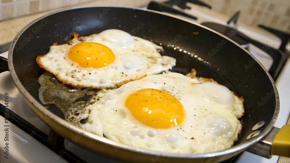 Fried egg in a frying pan on the stove. Fried egg in a frying pan on the stove.