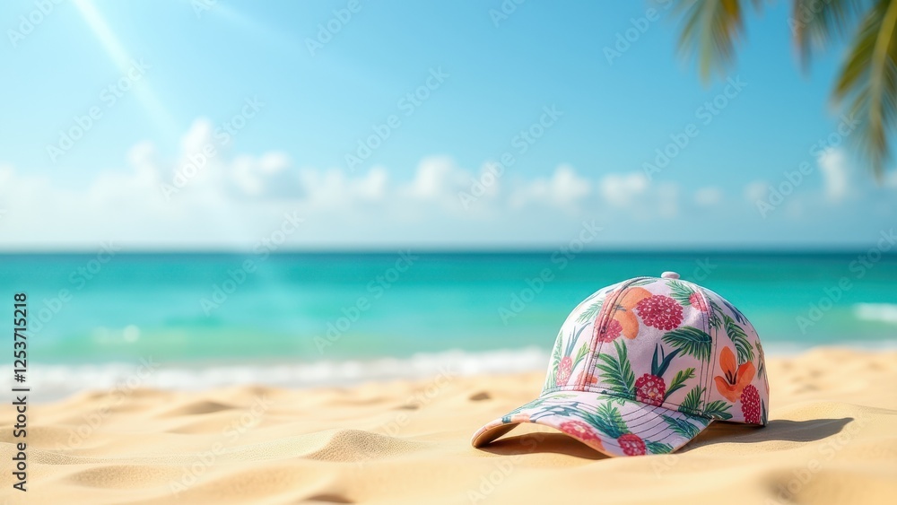 Fashionable Cap Mockup, Beach backdrop tropical floral cap in the foreground photorealistic. Fashionable Cap Mockup, Beach backdrop tropical floral cap in the foreground photorealistic.