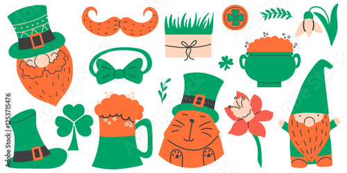 Festive St. Patrick's Day vector illustration with leprechauns, shamrocks, pot, cat and green and orange elements. Hand drawn festive set
