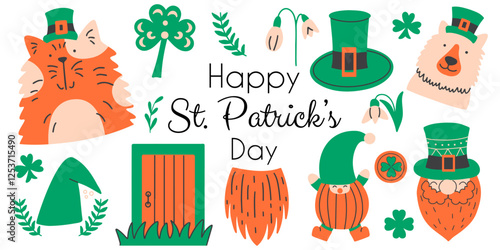Happy St. Patrick's Day set with tradition symbols. Doodle hand drawn vector elements. Cat, green hat, leprechaun and clover.