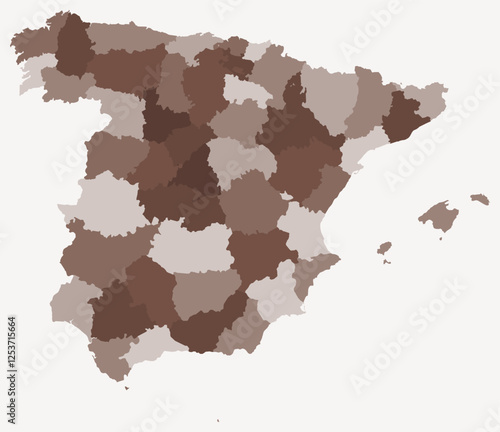 Map of Spain with regions. Just a simple country border map with region division. Brown color palette. Flat Spain shape with administrative division. Vector illustration.