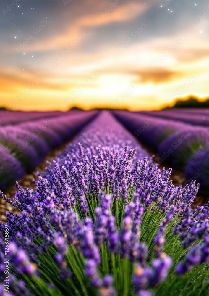 Obraz premium Vibrant Lavender Field at Sunset: A Close-Up View of Purple Flowers with a Soft Focus Background of a Serene Landscape Under a Starry Sky