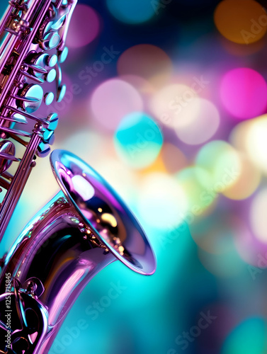 Saxophone music performance with bokeh lights background for music event poster or jazz club advertisement