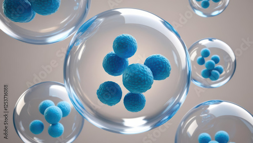 Blue exosome particles are encapsulated transparent spheres, showcasing 3D visualization for biotechnology research. image highlights intricate structure and potential applications medical science