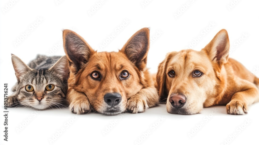 Fototapeta premium Cat and two dogs lying down together.