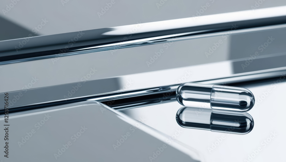 clear capsule rests on reflective, futuristic surface, creating sleek and modern aesthetic. clear capsule rests on reflective, futuristic surface, creating sleek and modern aesthetic.