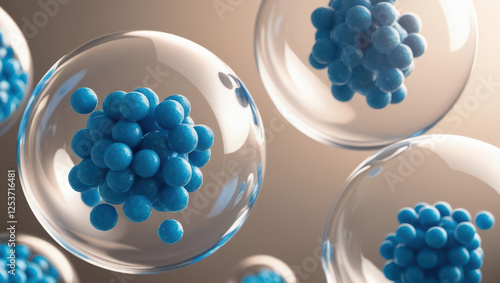 Close up of blue exosome particles in transparent spheres, 3D visualization for biotechnology, showcasing intricate molecular structures