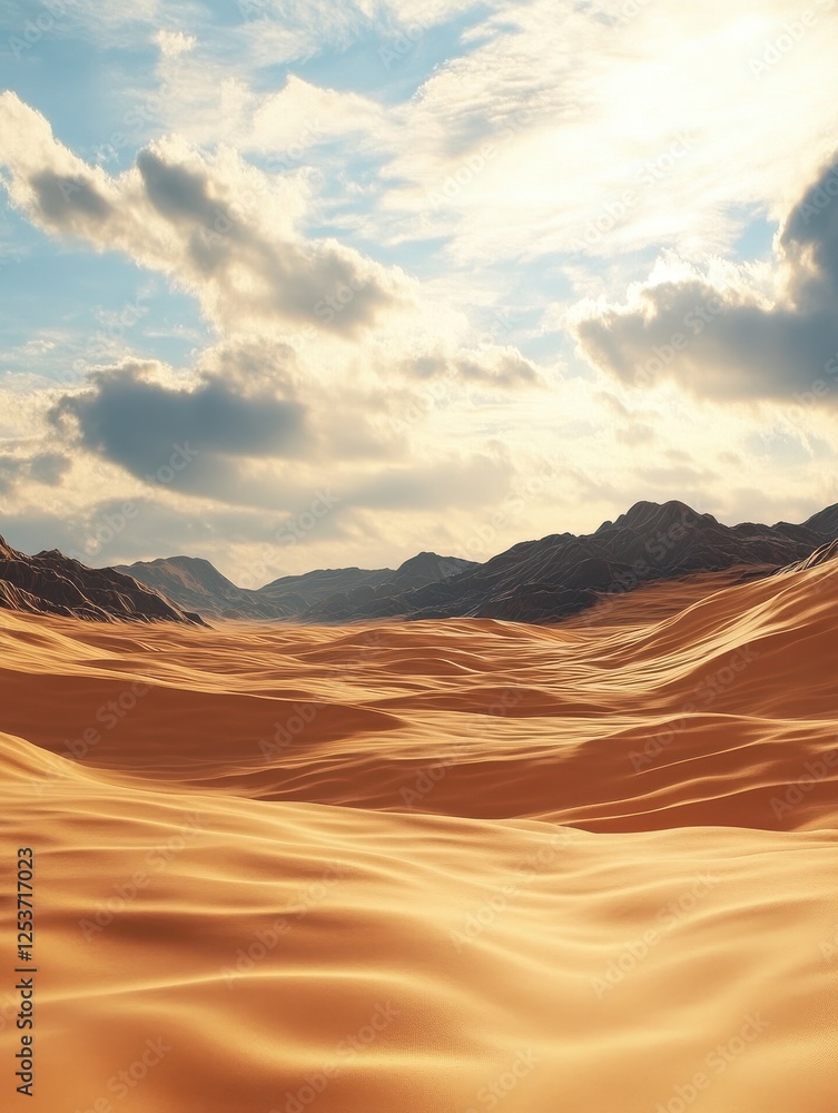 Naklejka premium A vibrant digital environment creation presents a sprawling desert landscape with undulating dunes and dramatic skies. The attention to detail and lifelike rendering of the virtual terrain make this