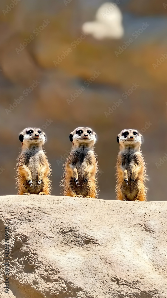 Three meerkats stand alert on a rock observing in a zoo under sunlight, suitable for wildlife education and conservation promotions Three meerkats stand alert on a rock observing in a zoo under sunlight, suitable for wildlife education and conservation promotions