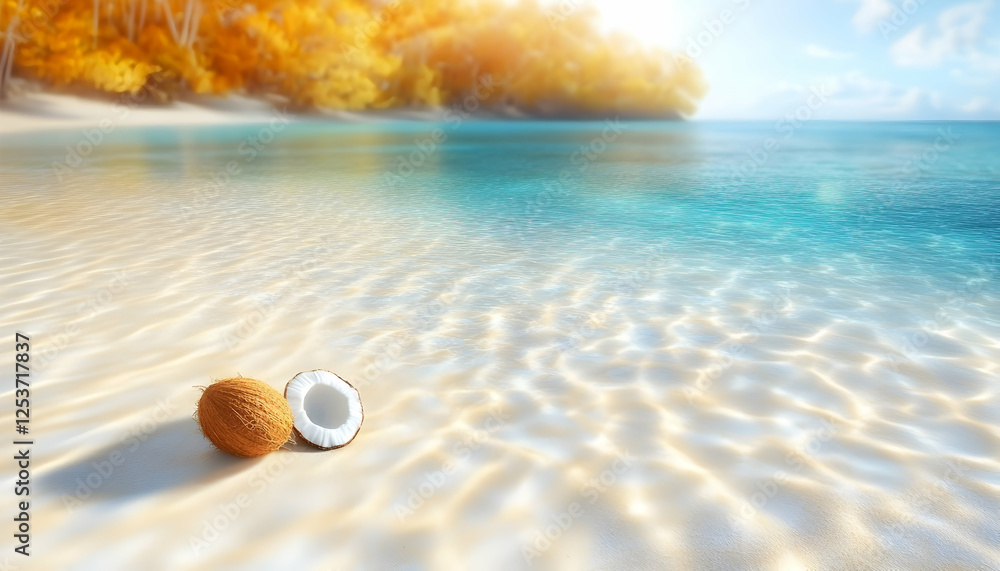 Obraz premium Two coconut halves on a tropical beach with clear water and lush foliage, for health, travel or vacation