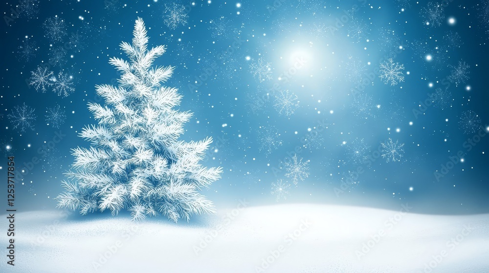 Sparkling christmas tree in snow against a vibrant blue background snowy Sparkling christmas tree in snow against a vibrant blue background snowy