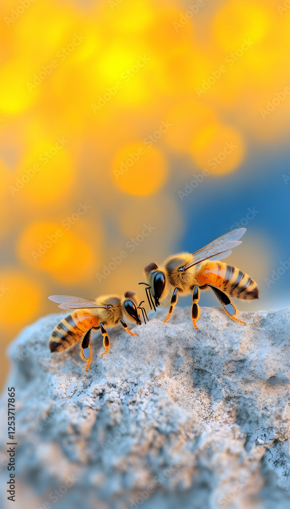 Two bees on a rock surface with a bright yellow, bokeh background. Possible for nature, honey, and insect related products Two bees on a rock surface with a bright yellow, bokeh background. Possible for nature, honey, and insect related products