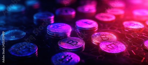 Close-up of illuminated crypto coins on a dark surface.
