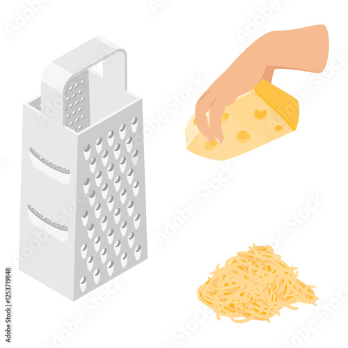 Cheese grater, grated cheese and piece of cheese