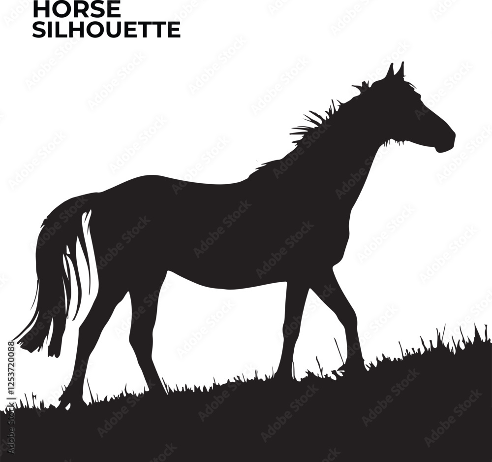 A silhouette of horse standing on grass. A silhouette of horse standing on grass.