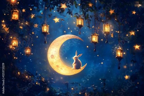 Rabbit on a Crescent Moon with Hanging Lanterns