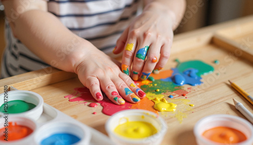 Colorful hands creating art on wooden table, playful childhood moment