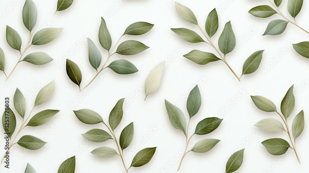 Seamless Pattern of Green Leaves on White Background: Elegant Botanical Illustration with Various Shades of Green Foliage and Branches Arranged in a Repetitive Design Seamless Pattern of Green Leaves on White Background: Elegant Botanical Illustration with Various Shades of Green Foliage and Branches Arranged in a Repetitive Design