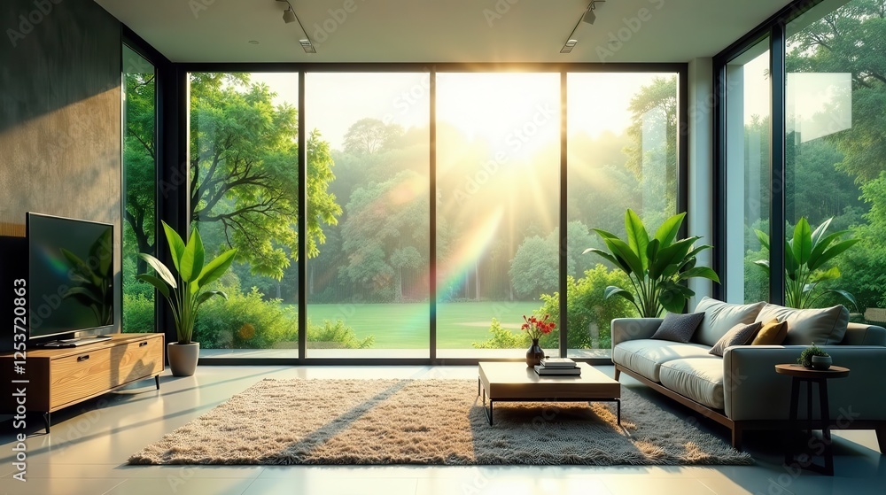 Fototapeta premium Sunlit Modern Living Room with Expansive Window Views and Lush Greenery