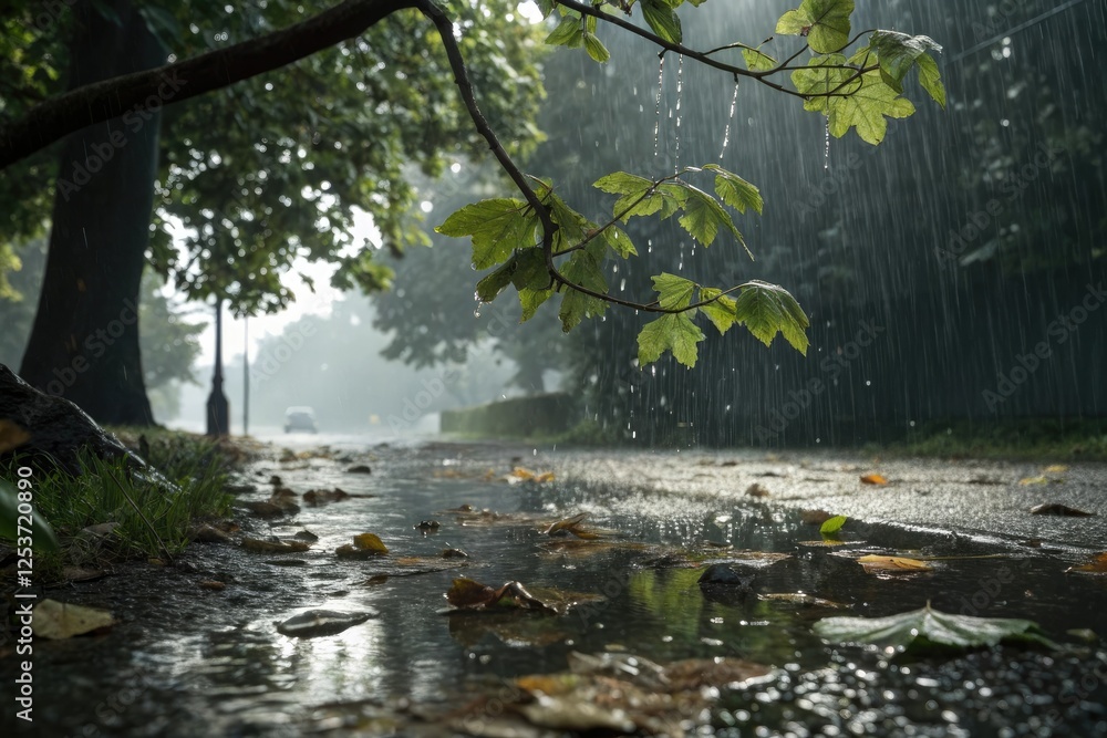 Fototapeta premium Wet leaves and branches under heavy rainfall creating a puddle on the ground, ground, nature