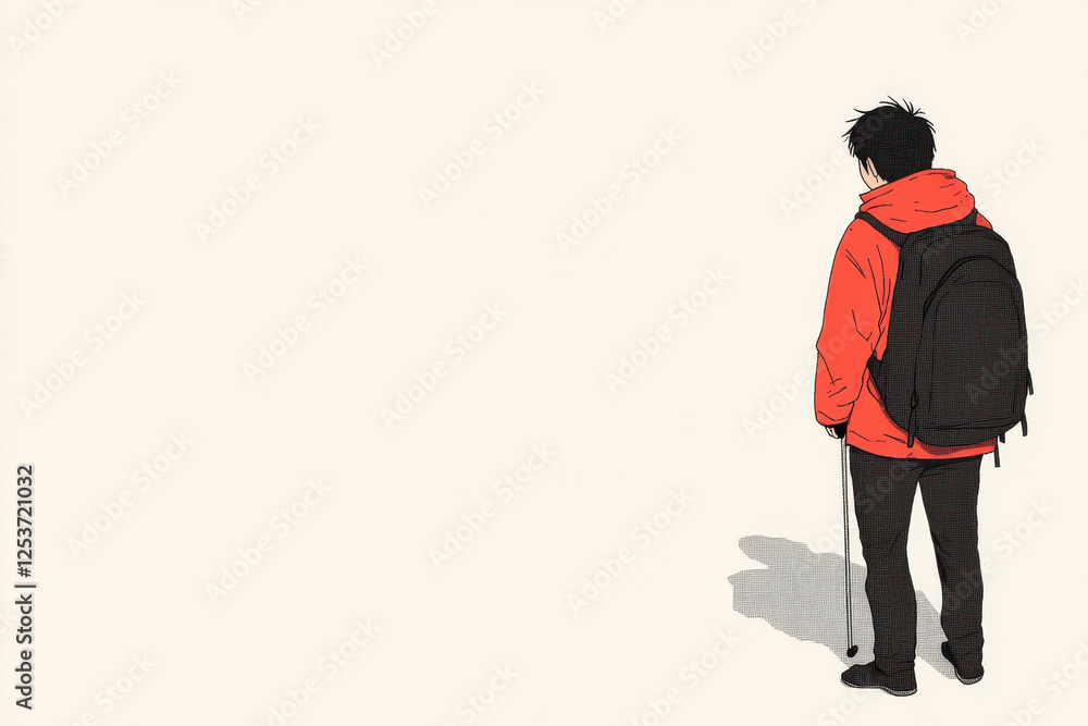 A man in a red jacket and backpack is standing in front of a white wall A man in a red jacket and backpack is standing in front of a white wall