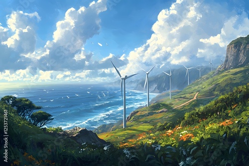 Coastal Wind Farm with Lush Greenery