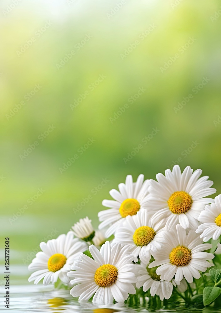 Fototapeta premium Close-up of a bouquet of white daisies reflected in water against a blurred green background.