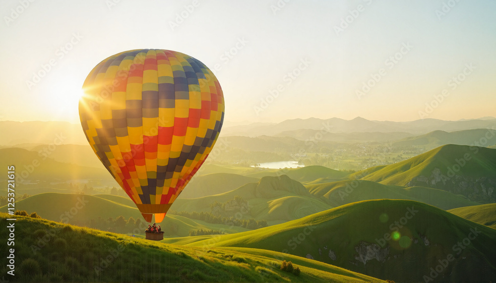 Fototapeta premium Colorful hot air balloon floating in morning sky over green hills, peaceful travel