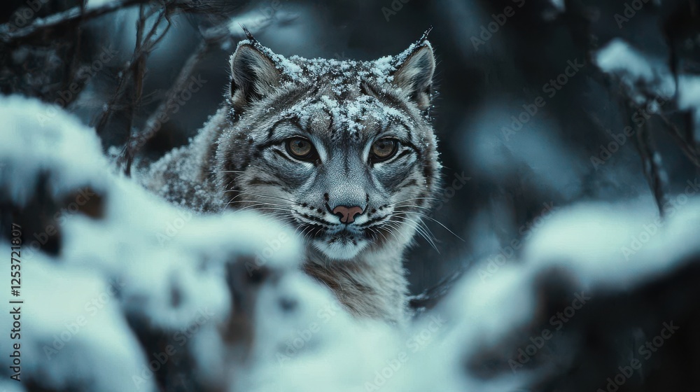 Obraz premium Majestic Lynx Surrounded by Snowy Wilderness, Capturing the Essence of Nature's Untamed Beauty and Serenity in a Winter Landscape