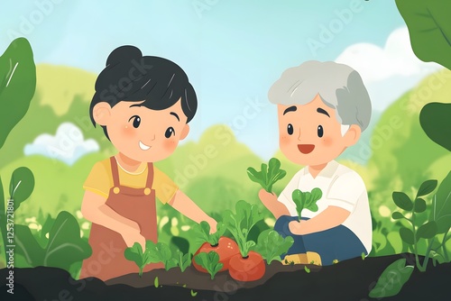 Cute Illustration of Grandfather and Child Gardening