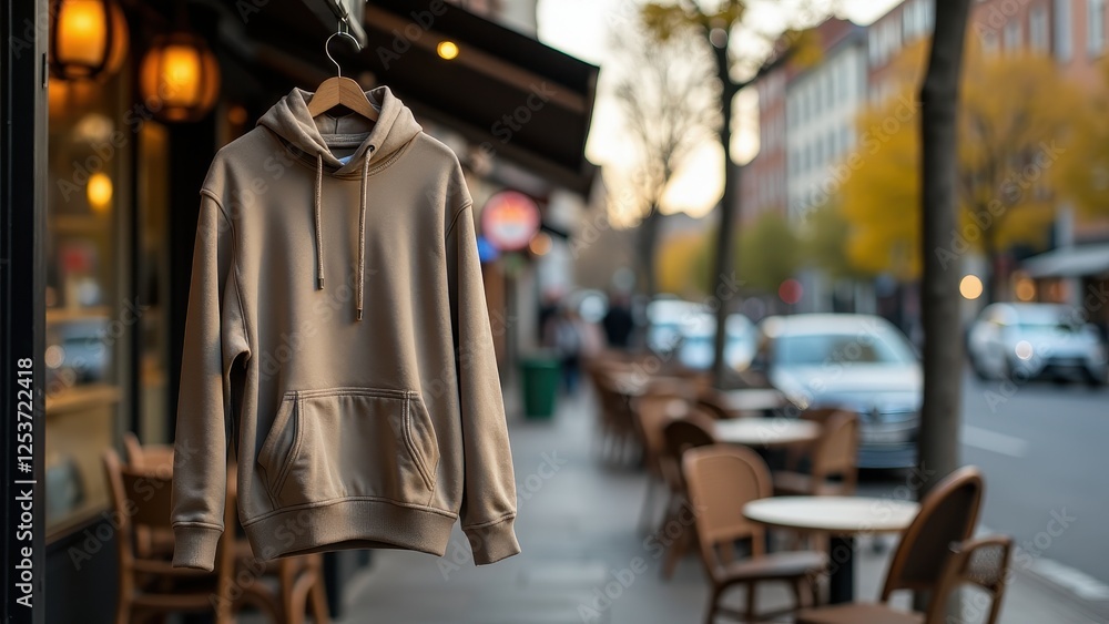 Hoodie Mockup with Pockets, Urban cafe setting hoodie on patio photorealistic. Hoodie Mockup with Pockets, Urban cafe setting hoodie on patio photorealistic.