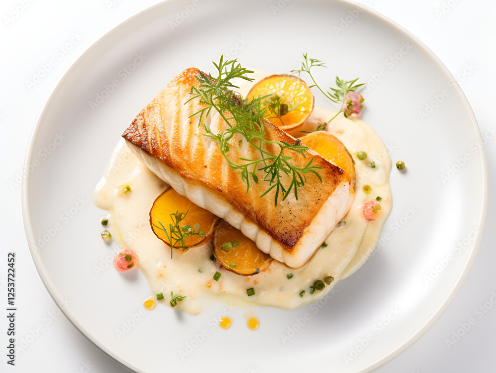 Gourmet Pan-Seared Fish Fillet with Creamy Sauce and Citrus Garnish Gourmet Pan-Seared Fish Fillet with Creamy Sauce and Citrus Garnish