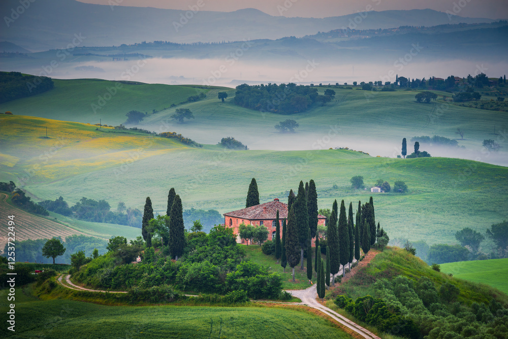 Val d'Orcia, Tuscany. Iconic San Quirico d'Orcia, beautiful spring tuscan landscape in Italy.