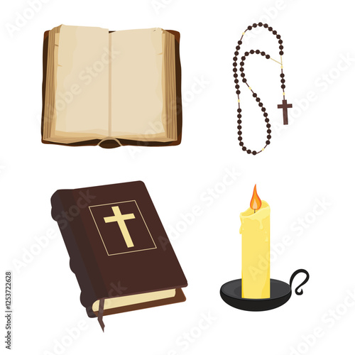 Holy bible book with cross on brown cover, rosary beads and wax candle with black holder