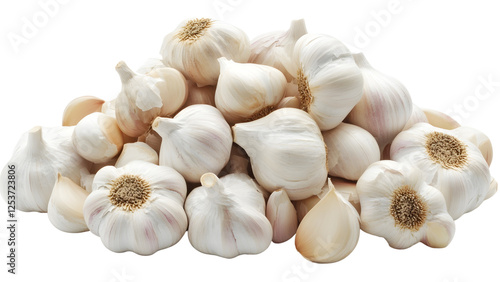 Close-up of pile of garlic Isolated on a white background